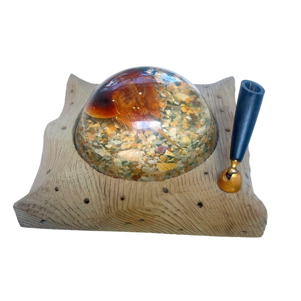 Vintage Fiddler on the Beach Horseshoe Crab Resin Paperweight Cedar Pen Holder - Picture 3 of 6